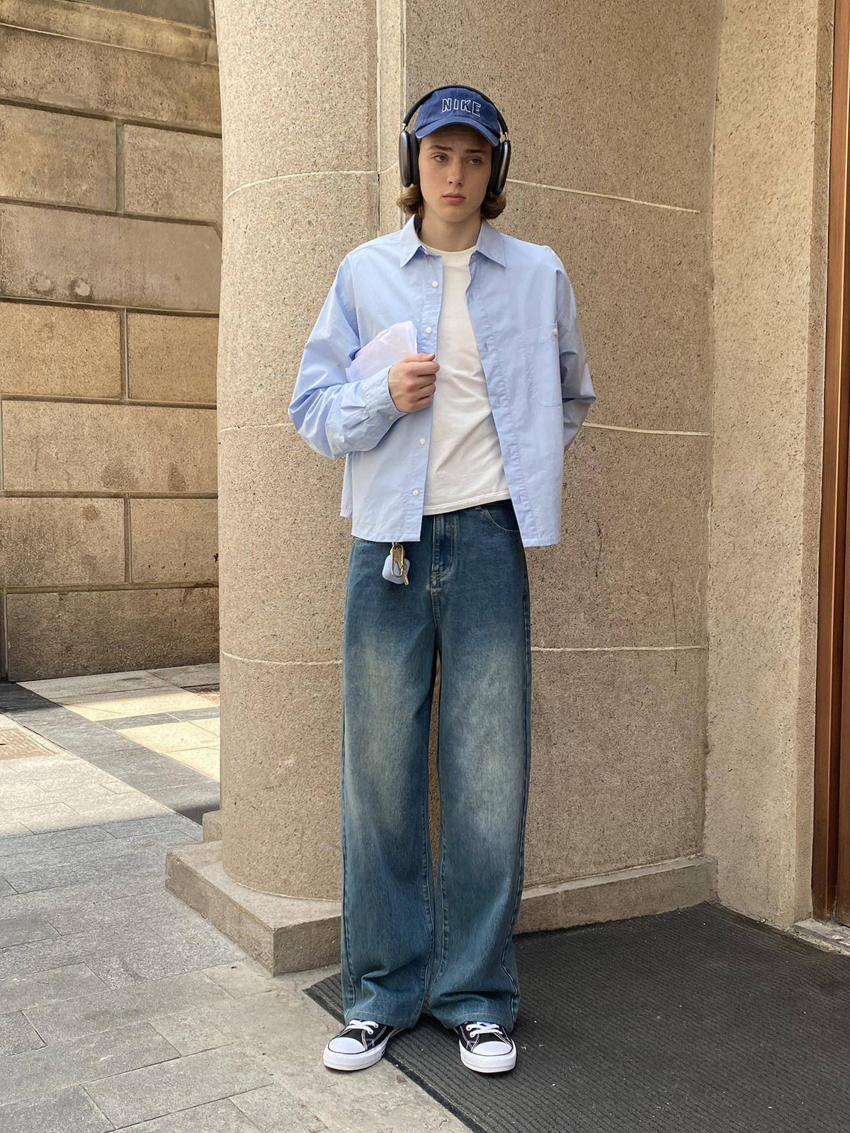 Country Moment Breathable Cotton Retro Washed Mid Rise Relaxed Mens Deep Blue Wide Leg Jeans