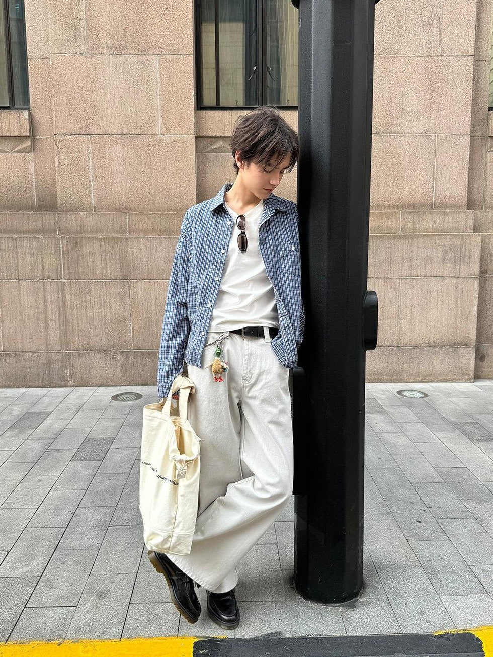 Country Moment 100% Cotton American Loose Square Neck Blue Plaid Teen Casual Long Sleeve Shirts