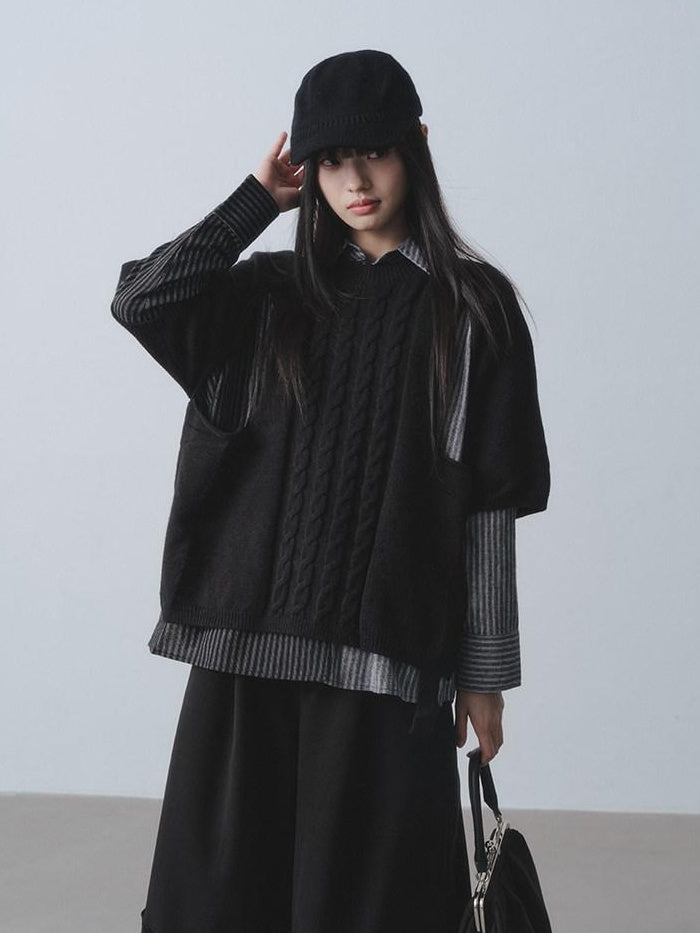 DDGIRL studio Warm Openwork Striped Knit Two Piece Loose Fit Collared Women Sweaters
