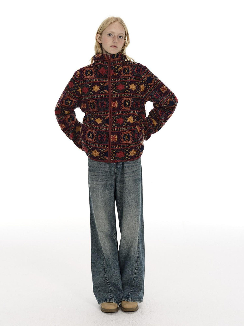 Country Moment Jacquard Thick Cooling Loose Ethnic Stand Collar Retro Red Zip Cropped Jackets