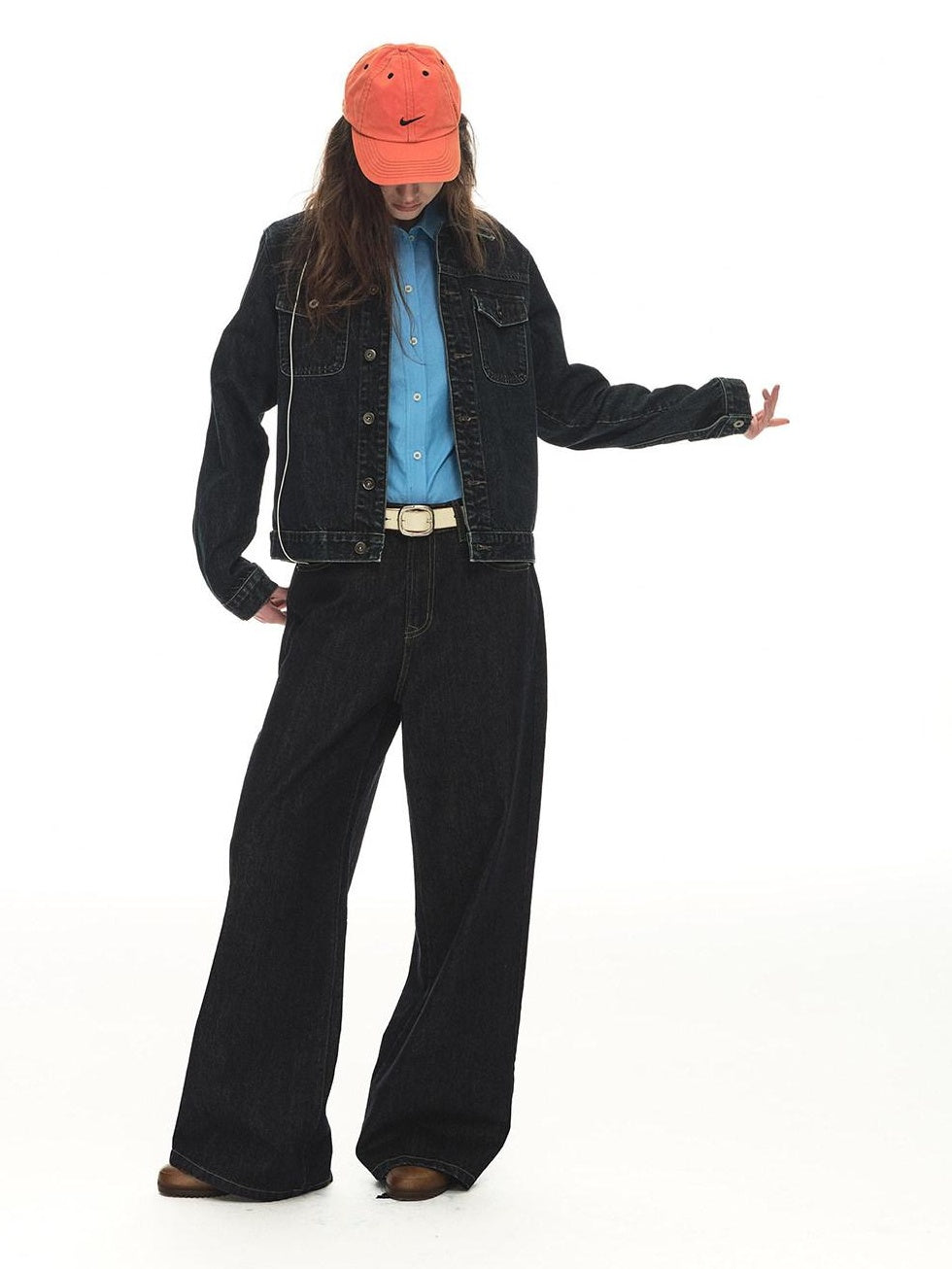Country Moment Warm Cotton Mid Rise Loose Retro Button Fly Black Casual Commuter Wide Leg Jeans
