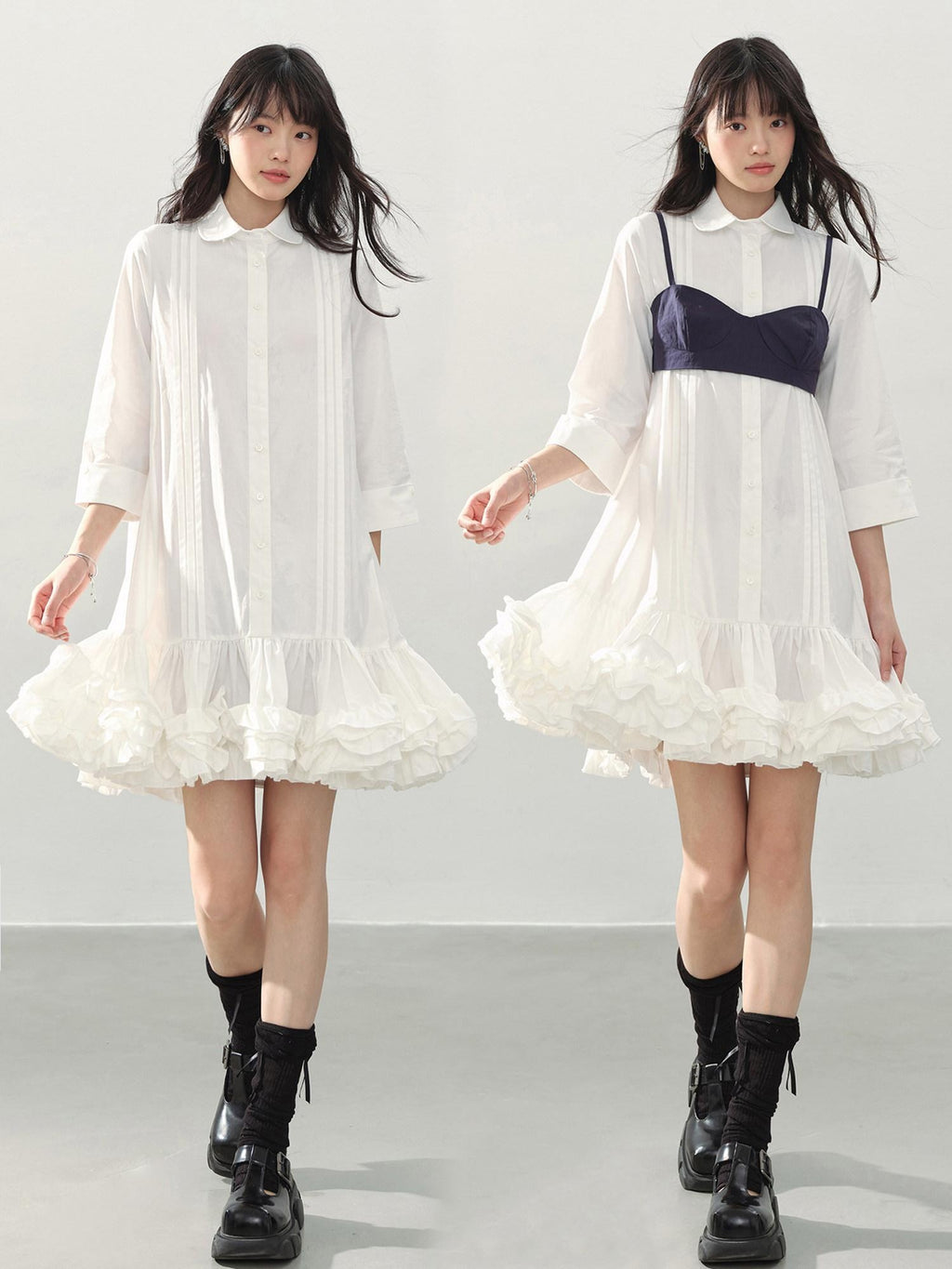 DDGIRL studio Shape Retaining Cotton Ruffle Aline Loose Waist Commuter Women Midi Dresses