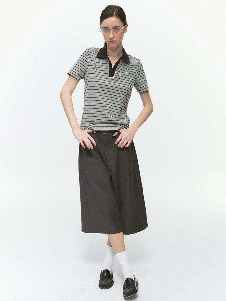 Country Moment Cotton Blend Patchwork Slim Polo Collar Striped Grey Short Sleeve T-Shirts