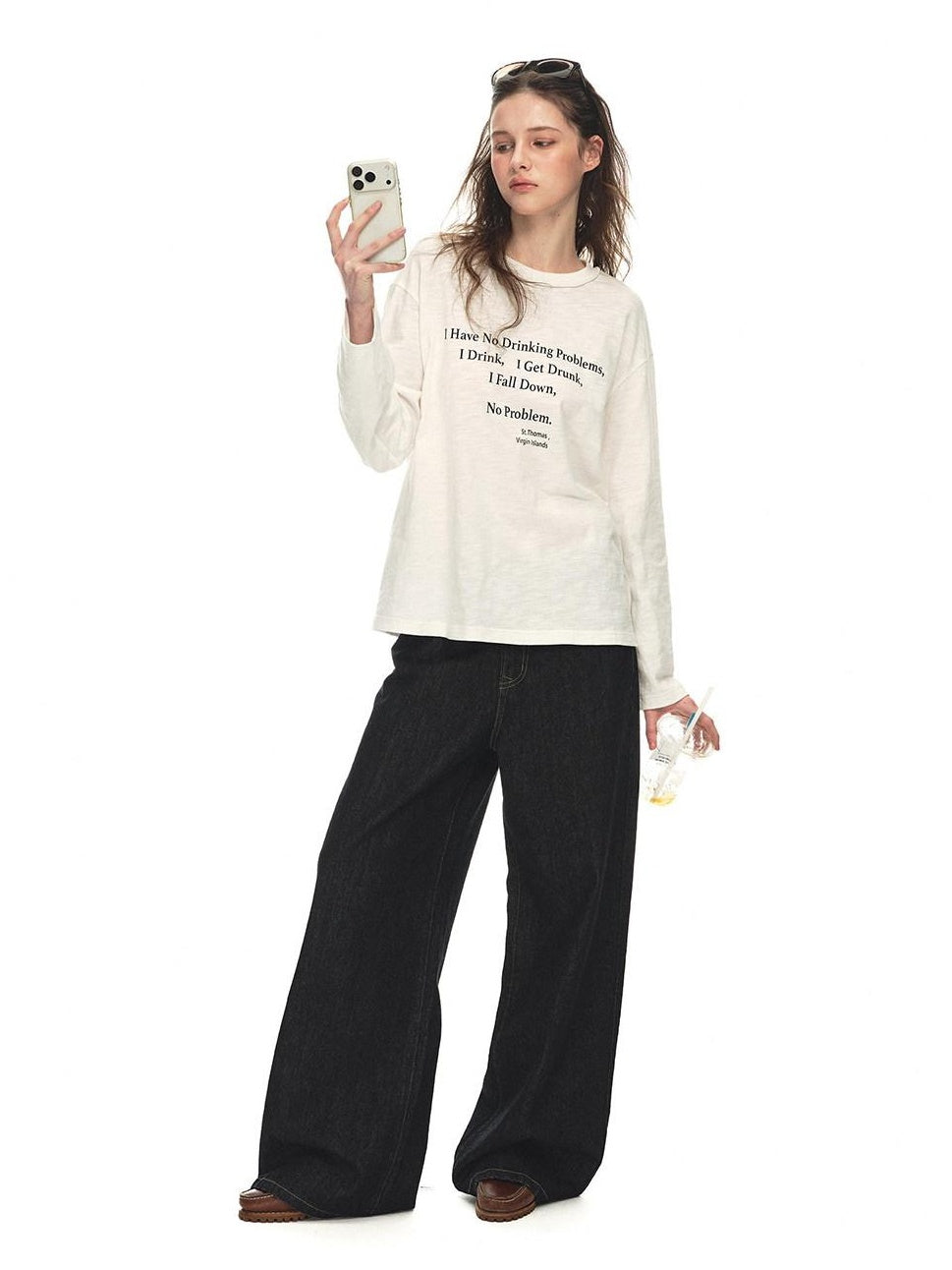 Country Moment Warm Cotton Mid Rise Loose Retro Button Fly Black Casual Commuter Wide Leg Jeans