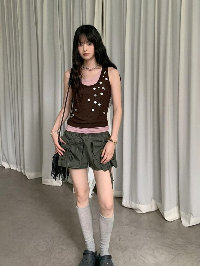 DDGIRL studio High Waist Faded 96 Percent Cotton Wide Leg Loose Fit Army Green Denim Shorts