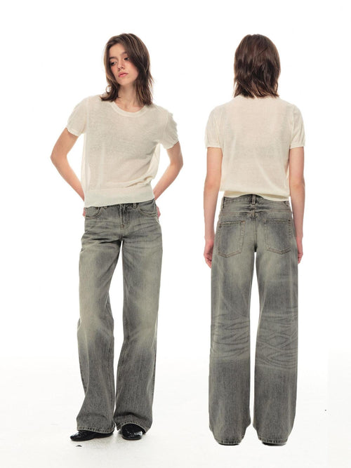 Country Moment 100 Percent Cotton Breathable Mid Rise Distressed Gray Women Straight Leg Jeans