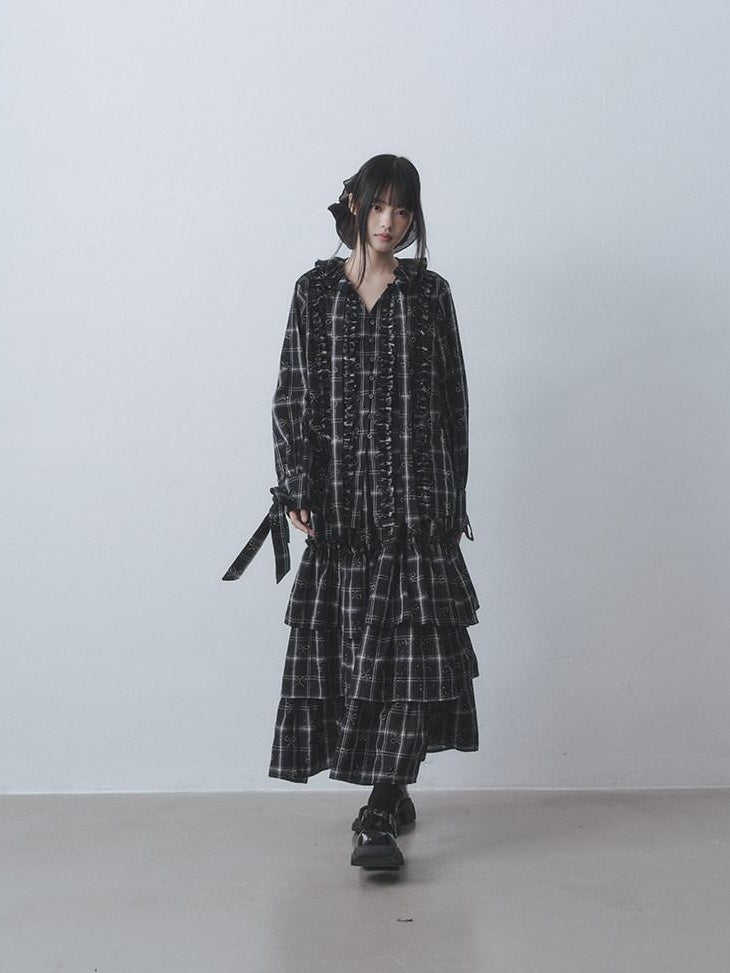 DDGIRL studio Wrinkle Free Black Plaid Collared Bow High Waist Loose Women Office Top & Skirt Sets
