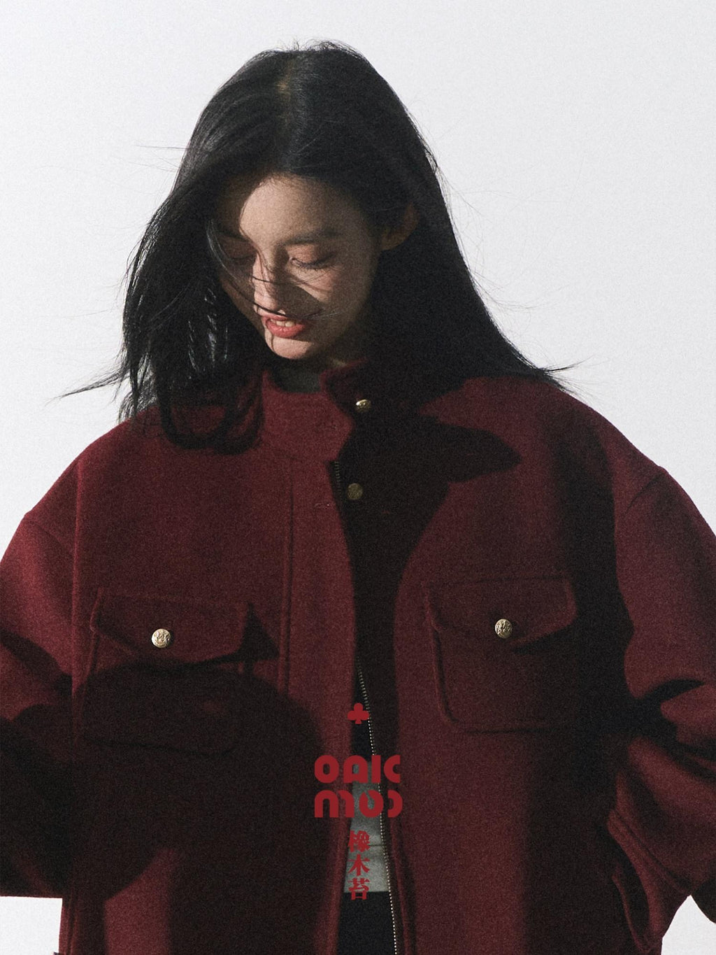 7 OAKMOO Wool Blend Stand Collar Loose Fit Pocket Zip Long Sleeve Women Cropped Jackets