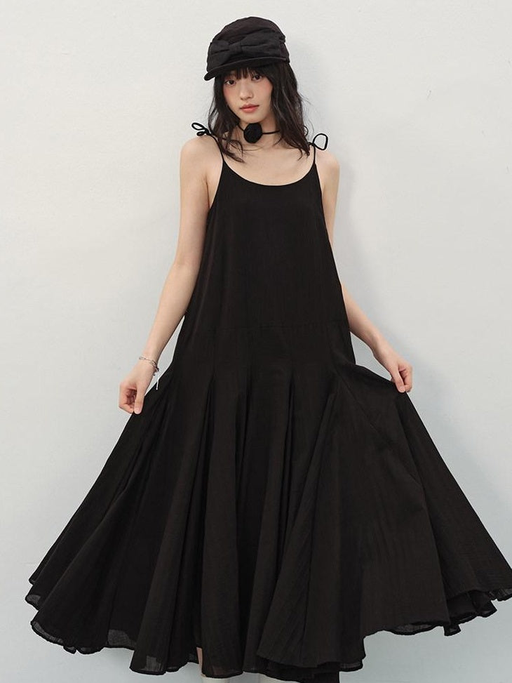 DDGIRL studio Soft Washed Cotton Pleated Elegant A Line U Neck Sleeveless Black Midi Dresses