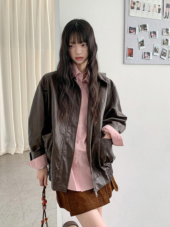 DDGIRL studio Breathable 100% Cotton Loose Fit Polo Collar Button Long Sleeve Pink Shirts