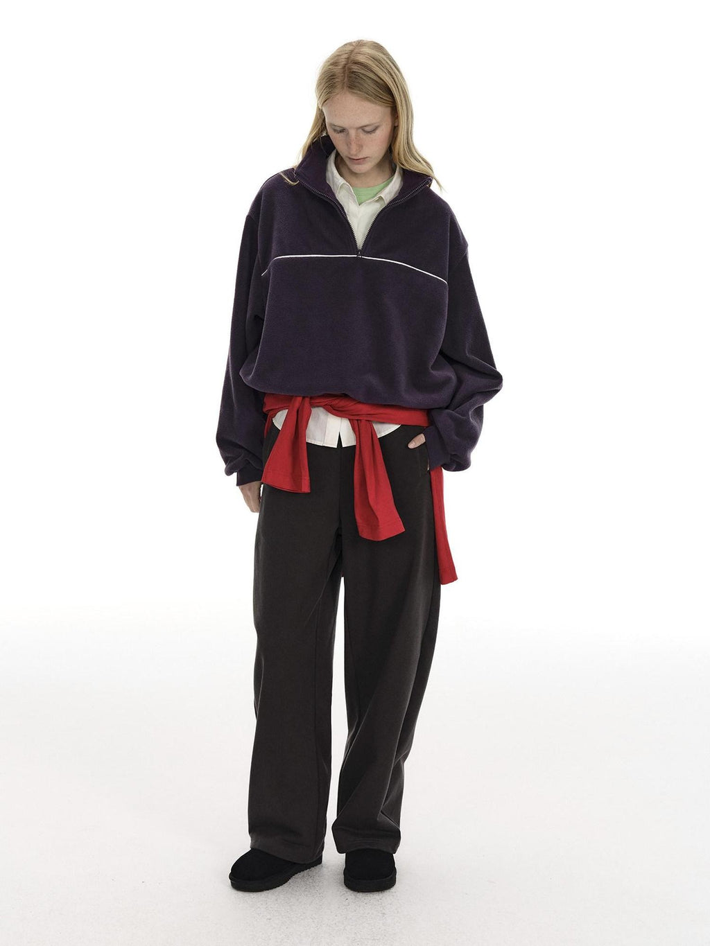 Country Moment Warm Fleece Short Zip Stand Collar Colorblock Loose Fit Unisex Purple Sweatshirt