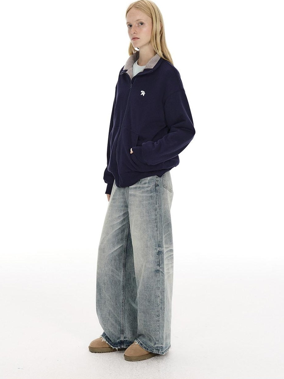 Country Moment Mid Rise Washed Whisker Brushed Cotton Casual Unisex Blue Wide Leg Jeans