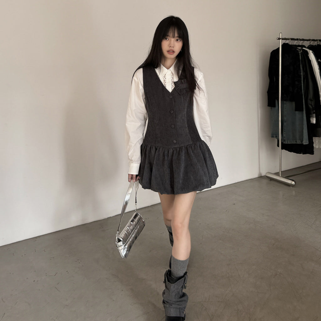 DDGIRL_studio_Button_Detail_V-neck_A_Line_Mid_Waist_Workwear_Sleeveless_Dark_Gray_Mini_Dresses_MISSTT