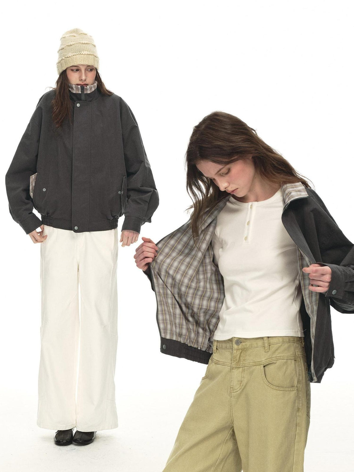 Country Moment Contrast Patchwork Relaxed Check Zip Long Sleeve Womens Cropped Jackets