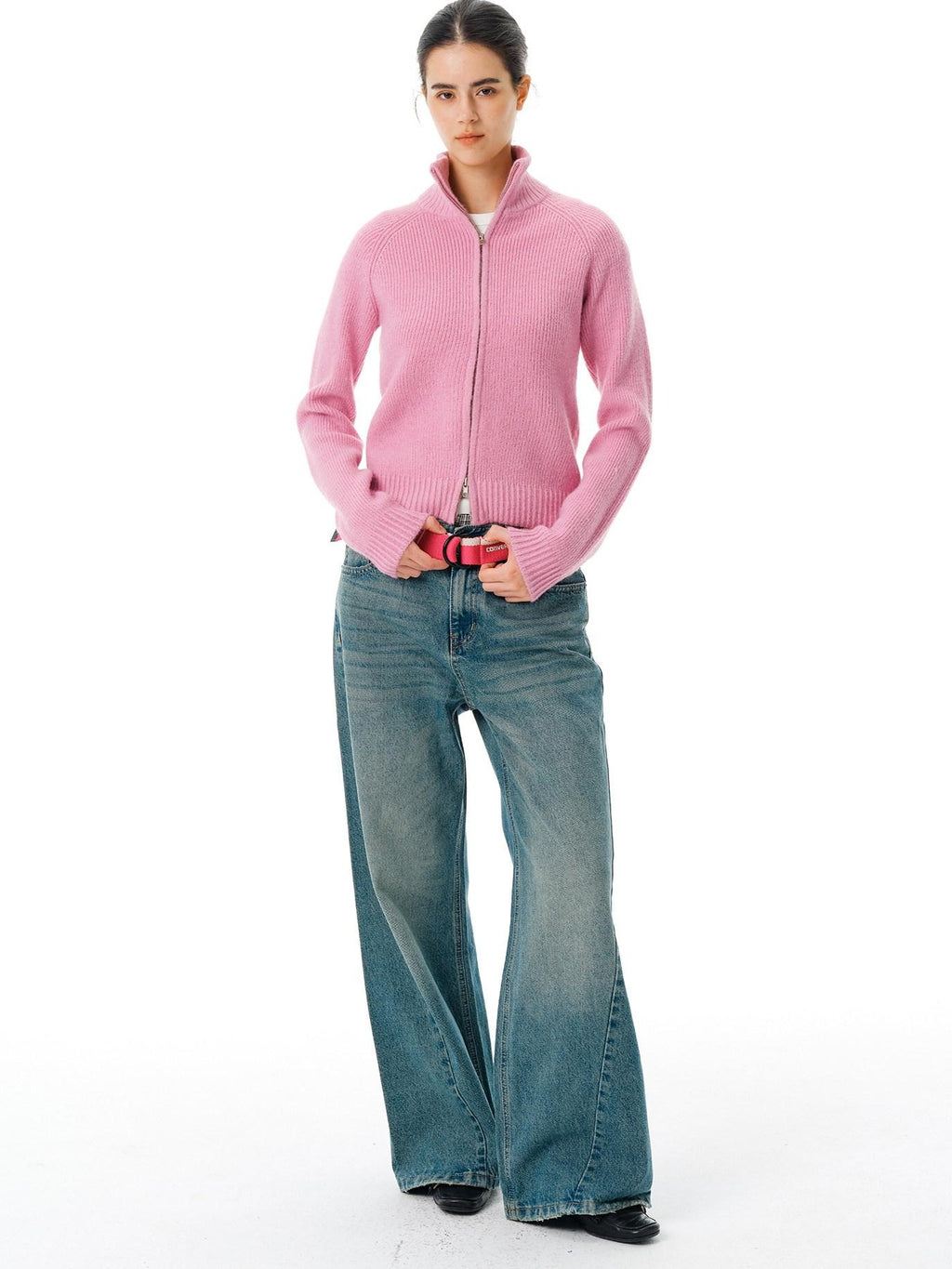 Country Moment Warm Zipper Stand Collar Slim Fit Cardigan Knit Women Rose Purple Sweaters