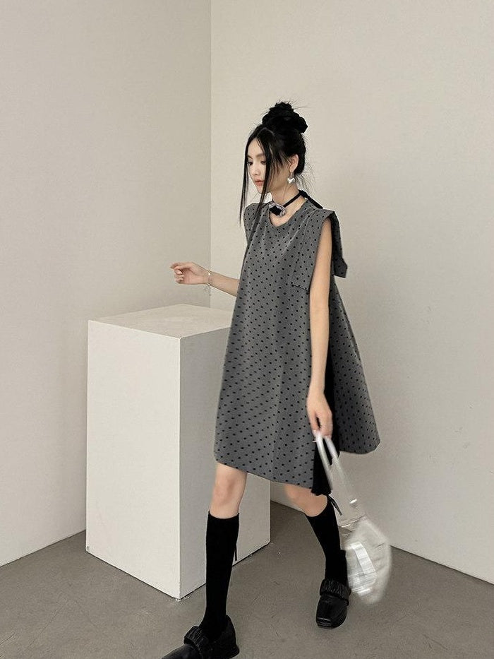 DDGIRL studio Soft Patchwork A Line Loose Fit Sleeveless Commuter Flocked Midi Skirts
