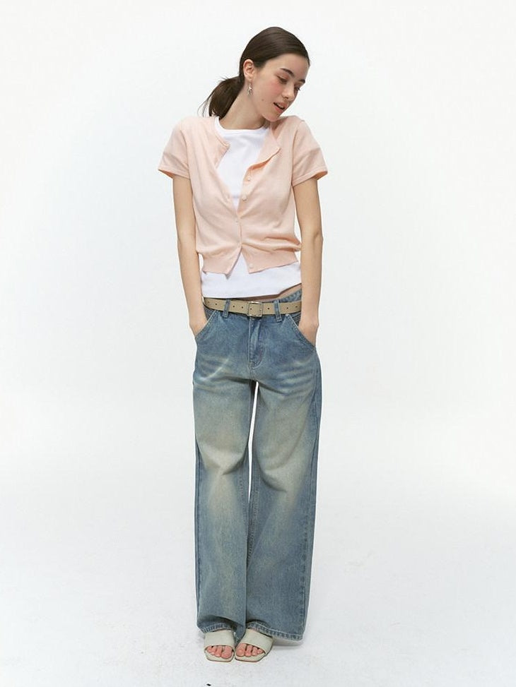 Country Moment Silk Touch Wool Blend Slim Fit Short Sleeve Crop Round Neck Knit Cardigans