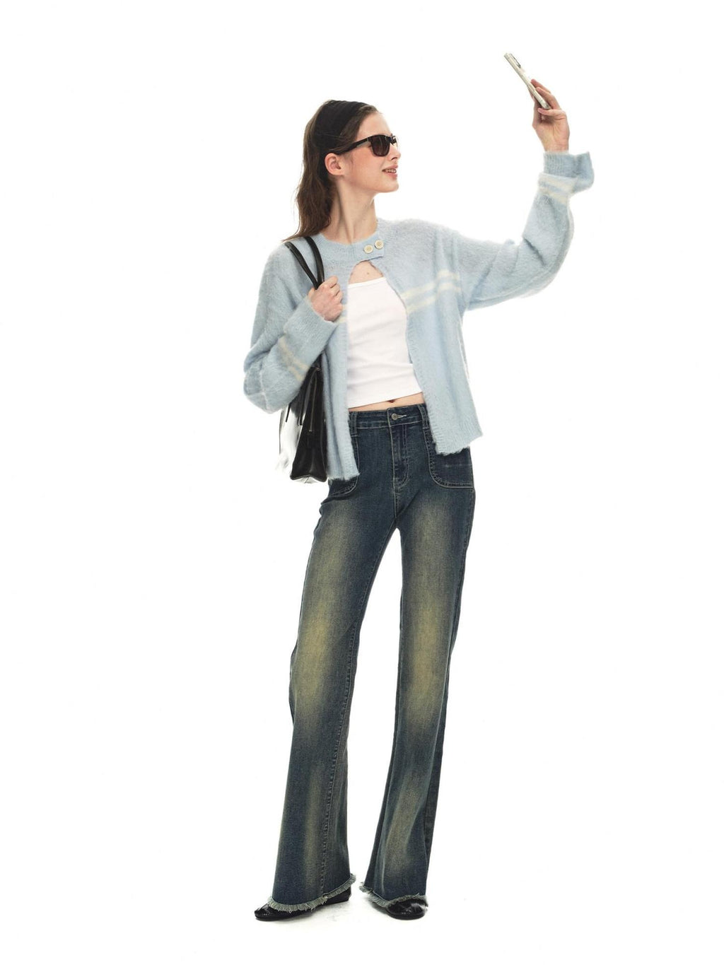 Country Moment Vintage Distressed Low Rise Retro Flare Women Daily Denim Blue Flared Jeans