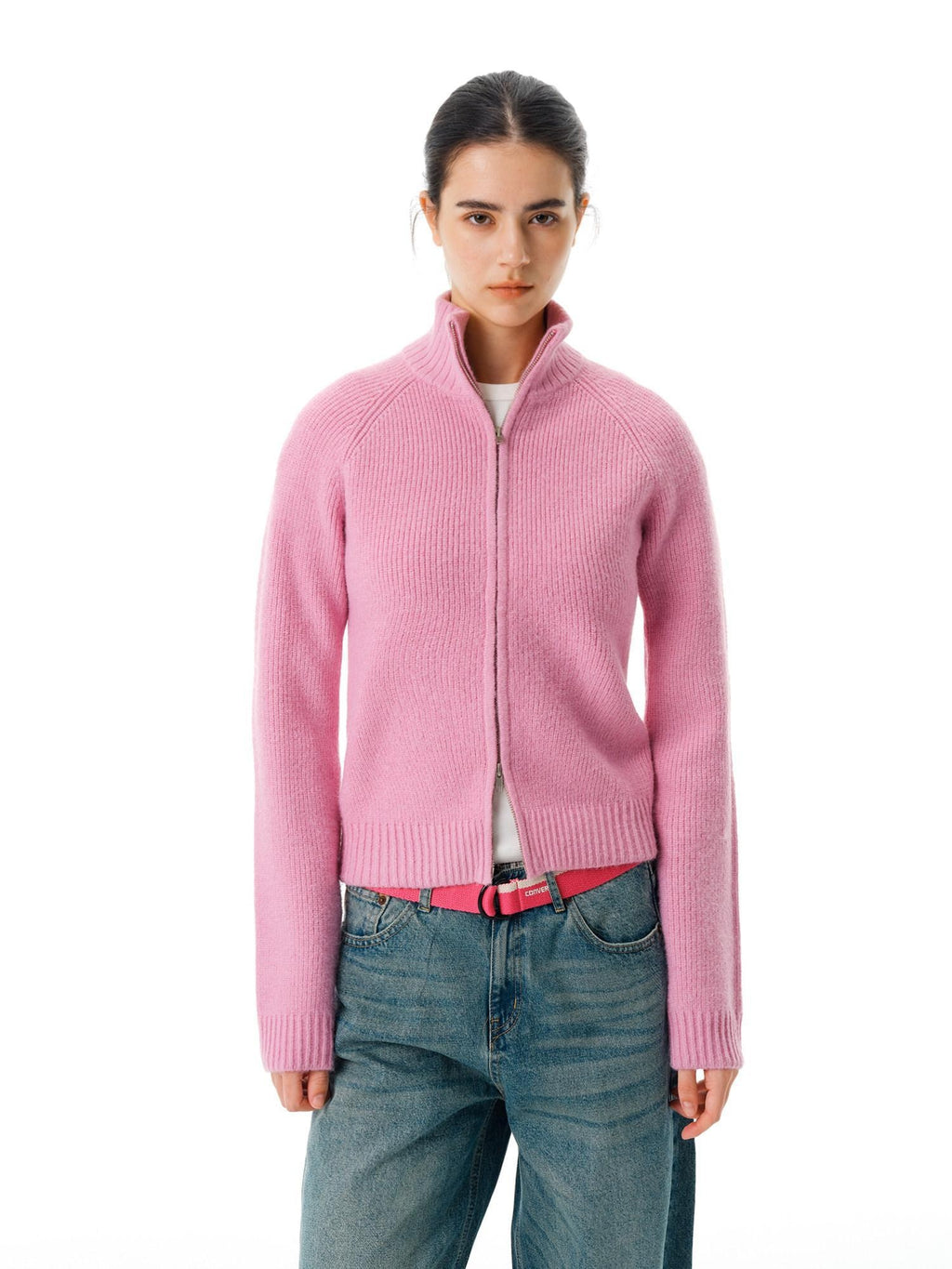 Country Moment Warm Zipper Stand Collar Slim Fit Cardigan Knit Women Rose Purple Sweaters