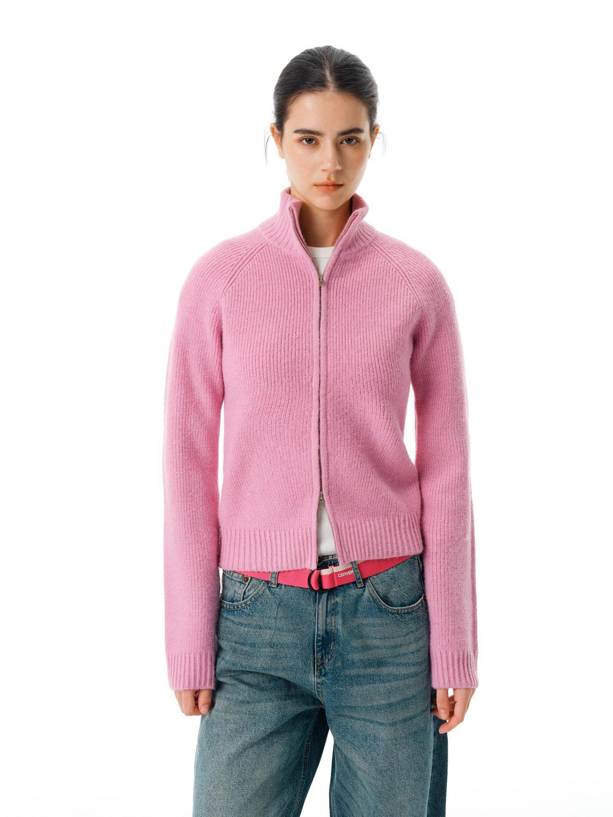 Country Moment Warm Zipper Stand Collar Slim Fit Cardigan Knit Women Rose Purple Sweaters