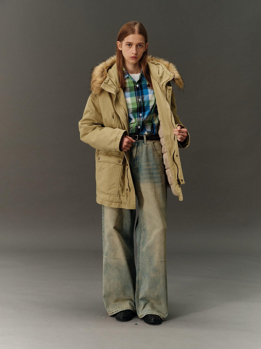 Country Moment Cotton Hooded Straight Fit Mid Length Zipper Street Khaki Green Puffer Jackets