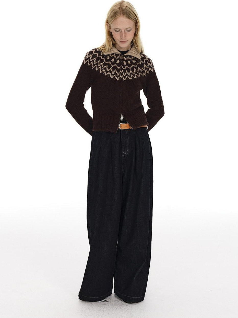Country Moment Soft Wool Blend Thermal Slim Jacquard Zip Front Unisex Brown Cardigans