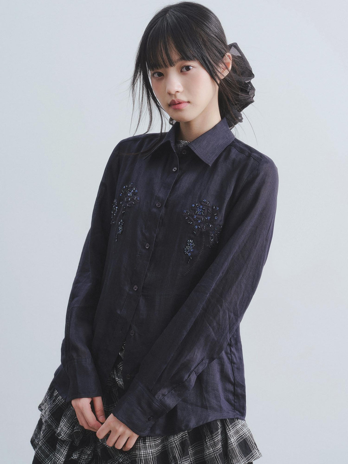 DDGIRL studio Breathable Shape Retaining Ramie Beaded Embroidered Fitted Commuter Women Shirts