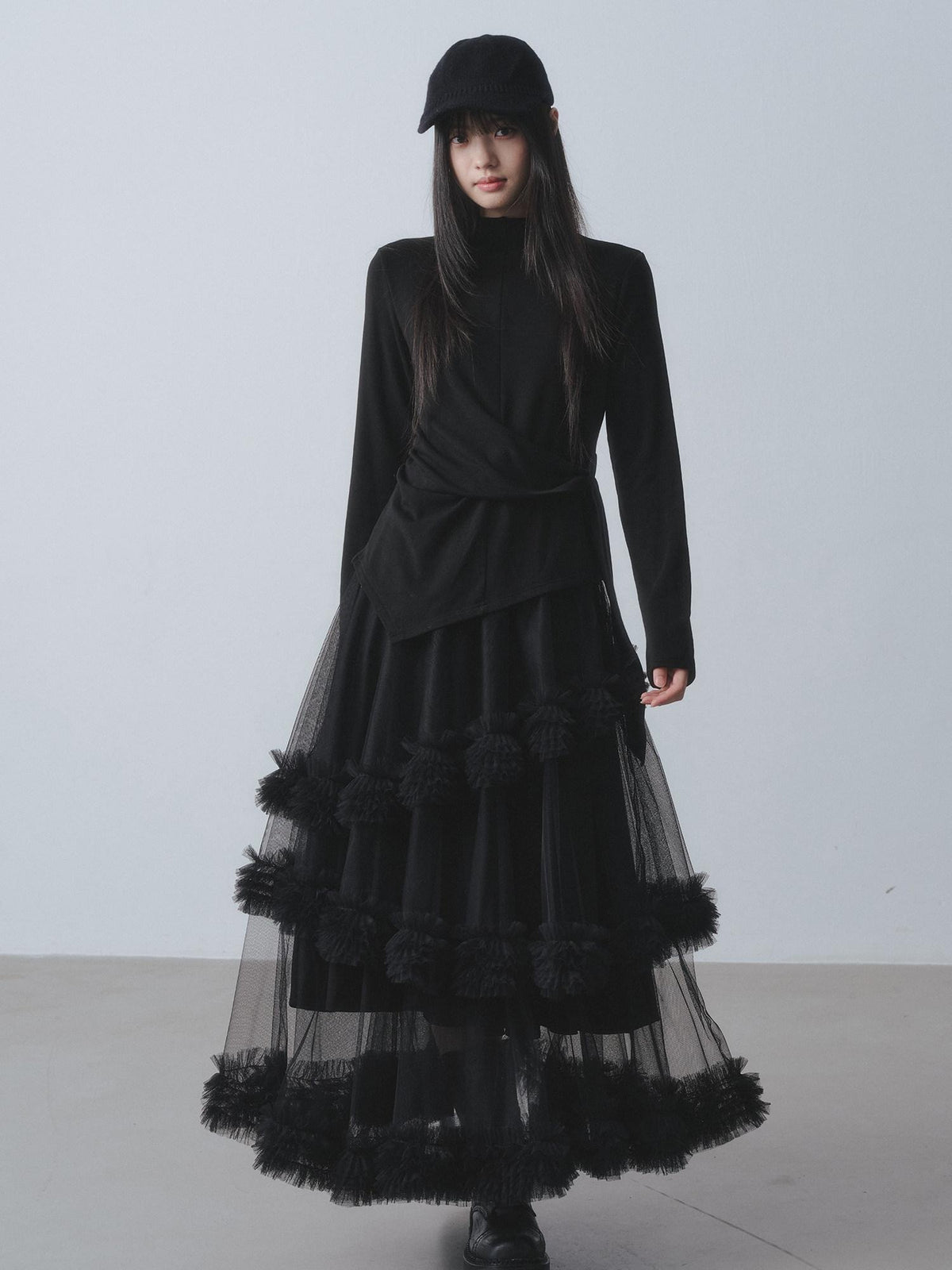 DDGIRL studio Skin Friendly Lined Asymmetric Ruffle Aline High Waist Black Maxi Skirts