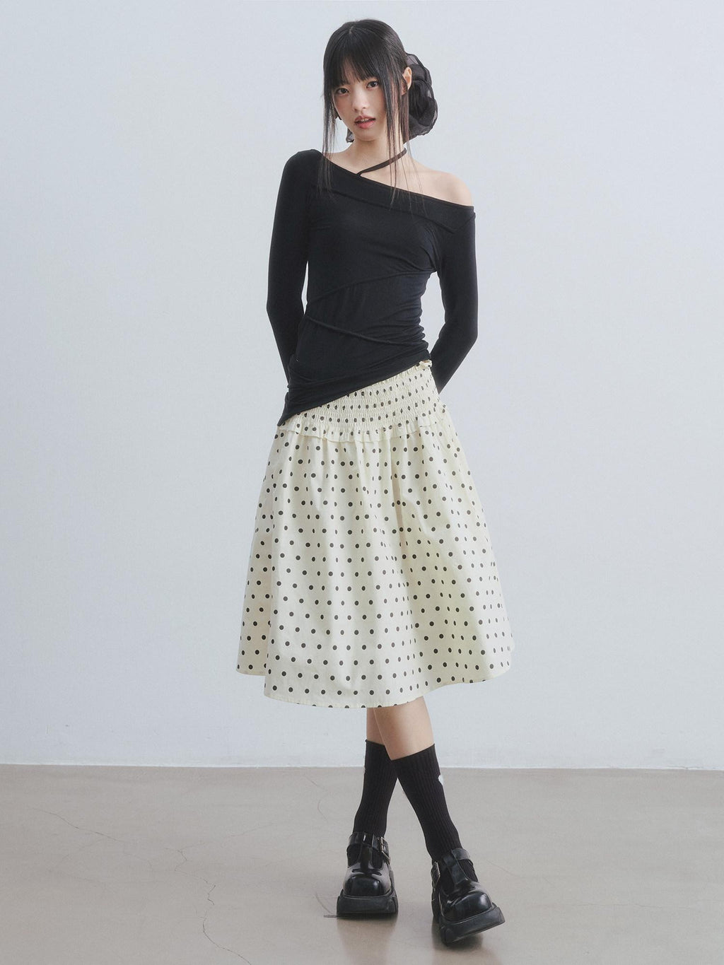 DDGIRL studio Durable Lined Pleated Aline Elastic Waist Women Cotton Beige Midi Skirts