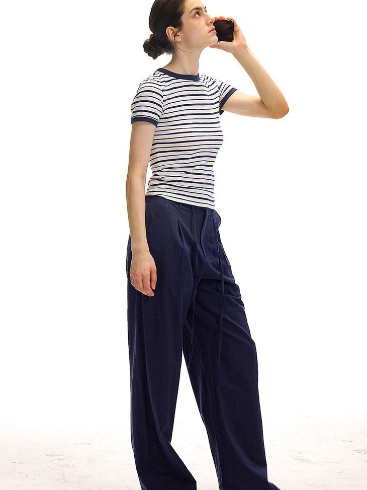 Country Moment Cotton Linen Minimal Belted Natural Waist Navy Office Wide Leg Pants