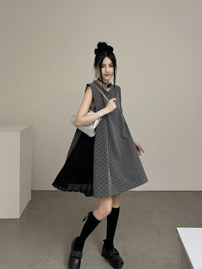 DDGIRL studio Soft Patchwork A Line Loose Fit Sleeveless Commuter Flocked Midi Skirts