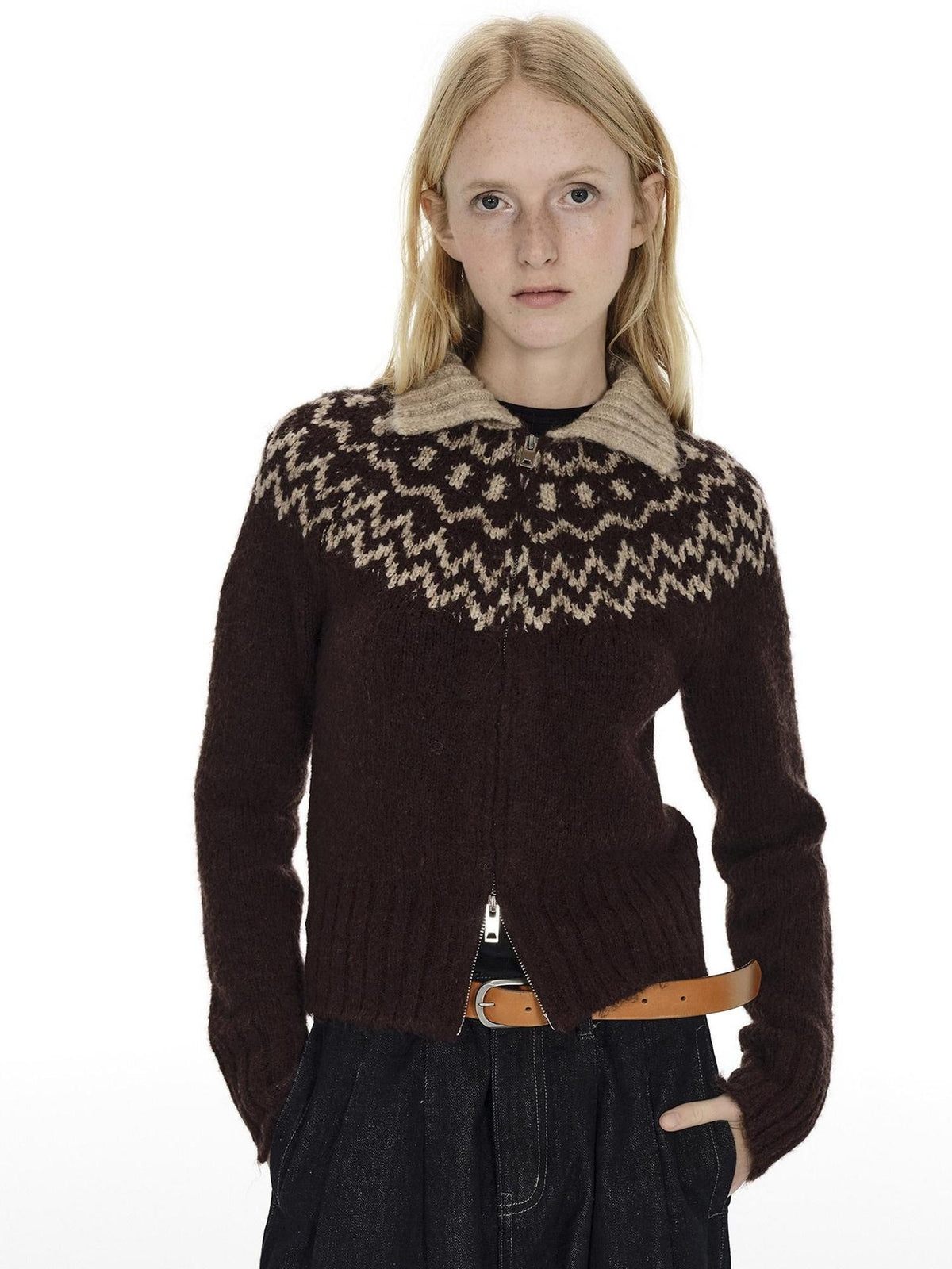 Country Moment Soft Wool Blend Thermal Slim Jacquard Zip Front Unisex Brown Cardigans