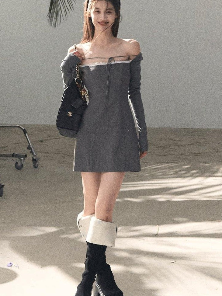 7 OAKMOO Waist Cinch Casual One Shoulder Long Sleeve Slim Viscose Blend Mini Dresses