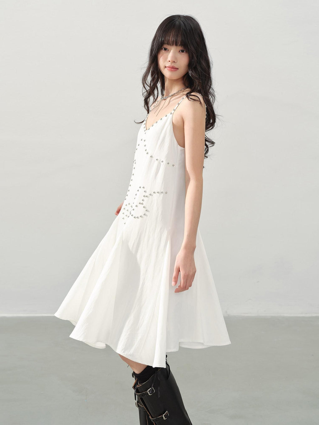 DDGIRL studio Soft Beaded Girly A Line V-neck Spaghetti Strap Cotton Wedding Midi Dresses