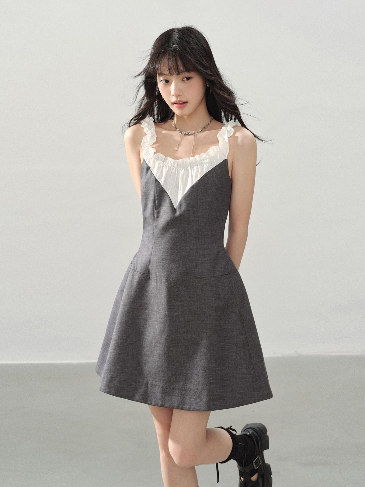 DDGIRL studio Shape Retaining Ruffle Neck High Waist Strappy A Line Office Gray Mini Dresses
