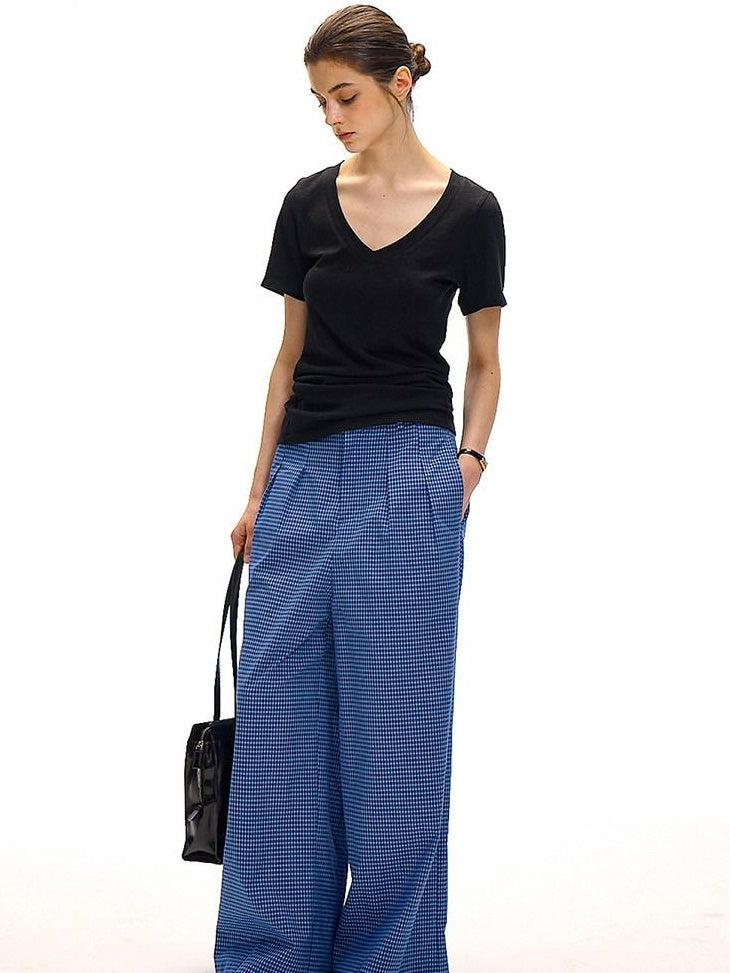 Country Moment 100 Percent Cotton Vintage Natural Waist Pockets Gem Blue Plaid Wide Leg Pants
