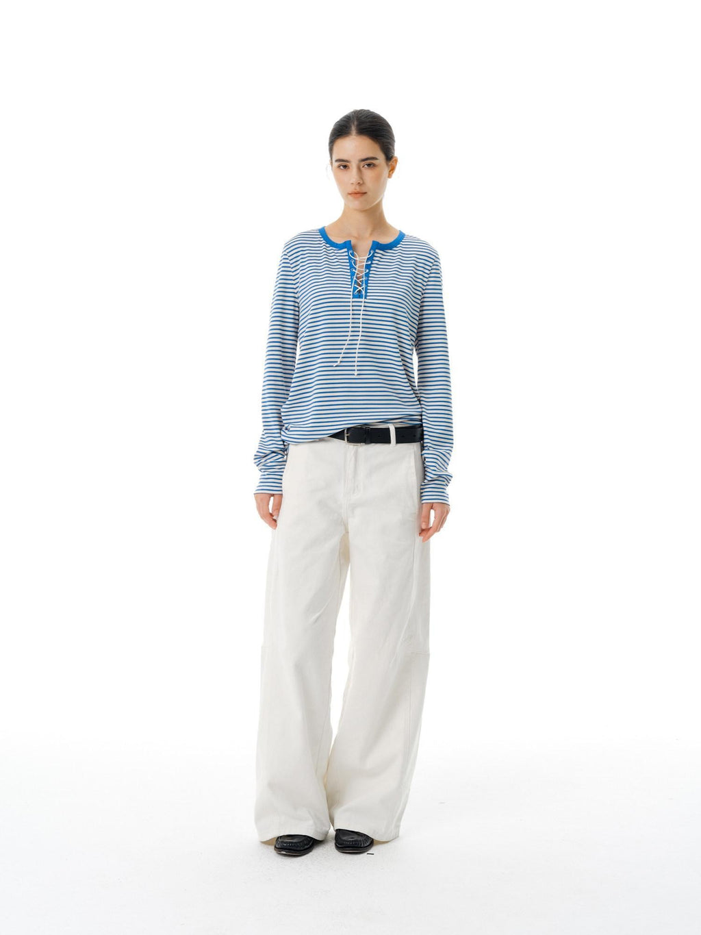 Country Moment Stretch Polyester Henley Tie Blue White Striped Unisex Long Sleeve T-Shirts