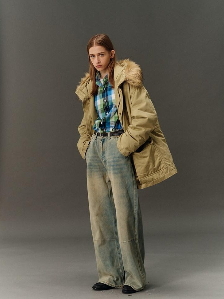 Country Moment Cotton Hooded Straight Fit Mid Length Zipper Street Khaki Green Puffer Jackets