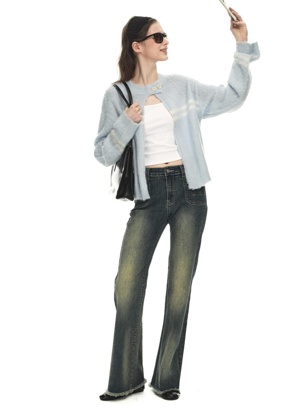 Country Moment Soft Wool Blend Light Blue Striped Relaxed Collar Women Breathable Cardigans