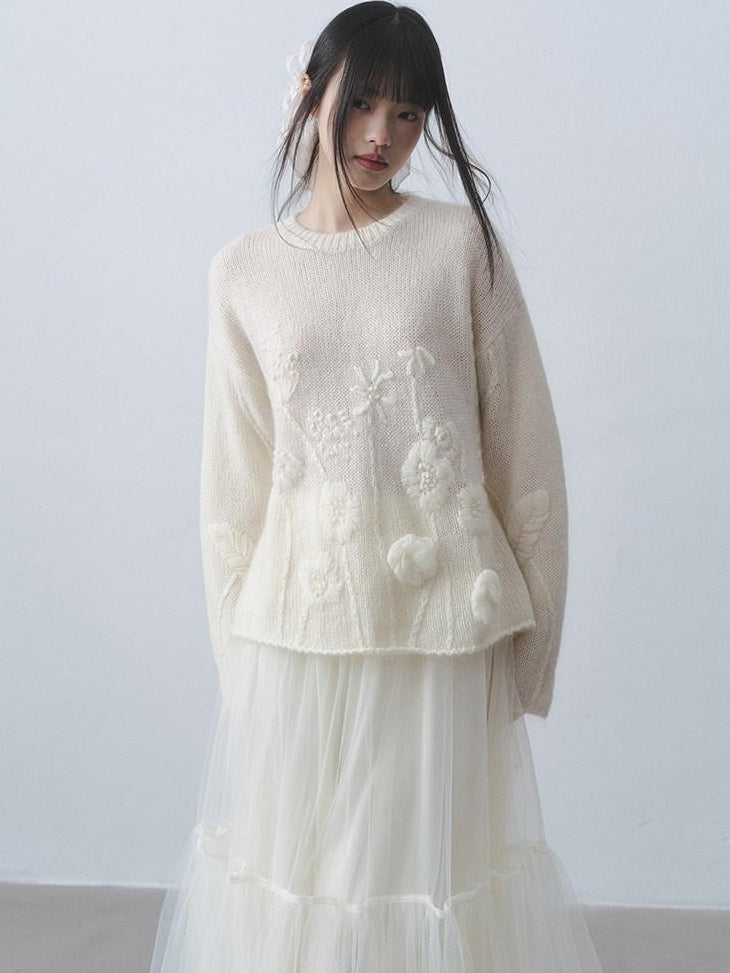 DDGIRL studio Ultra Soft Relaxed Embroidered Floral Crochet Round Neck Women Knit Sweaters