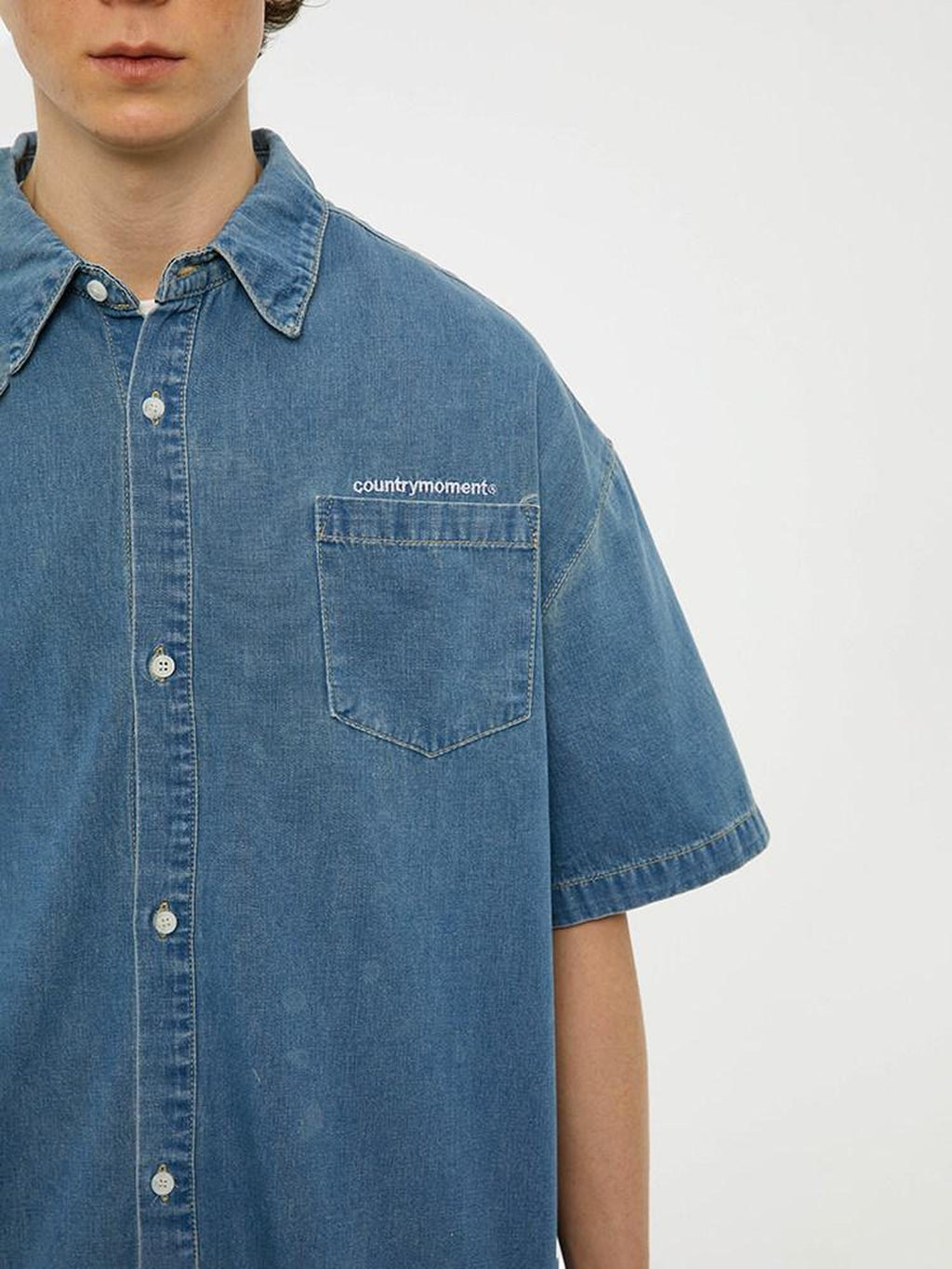 Country Moment 100% Cotton Square Neck Loose Short Sleeve Japanese Vintage Teen Blue Shirts