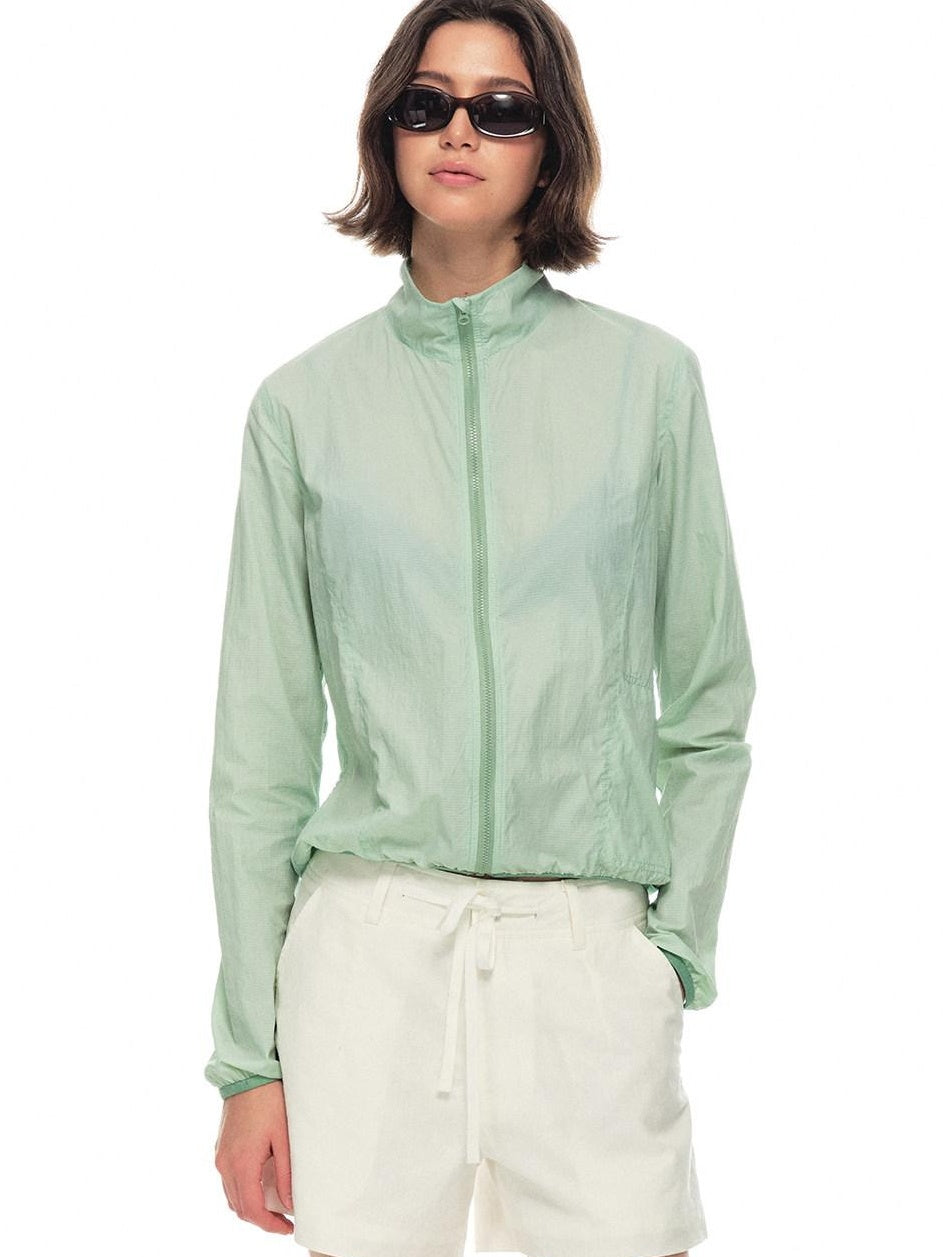 Country Moment Upf50 Packable Nylon Drawstring Hem Women Zip Shirt Green Shirts & Blouses
