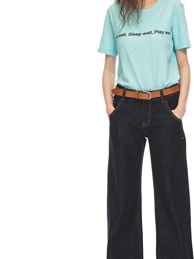 Country Moment Breathable 100 Percent Cotton Mid Rise Dark Blue Casual Women Straight Leg Jeans