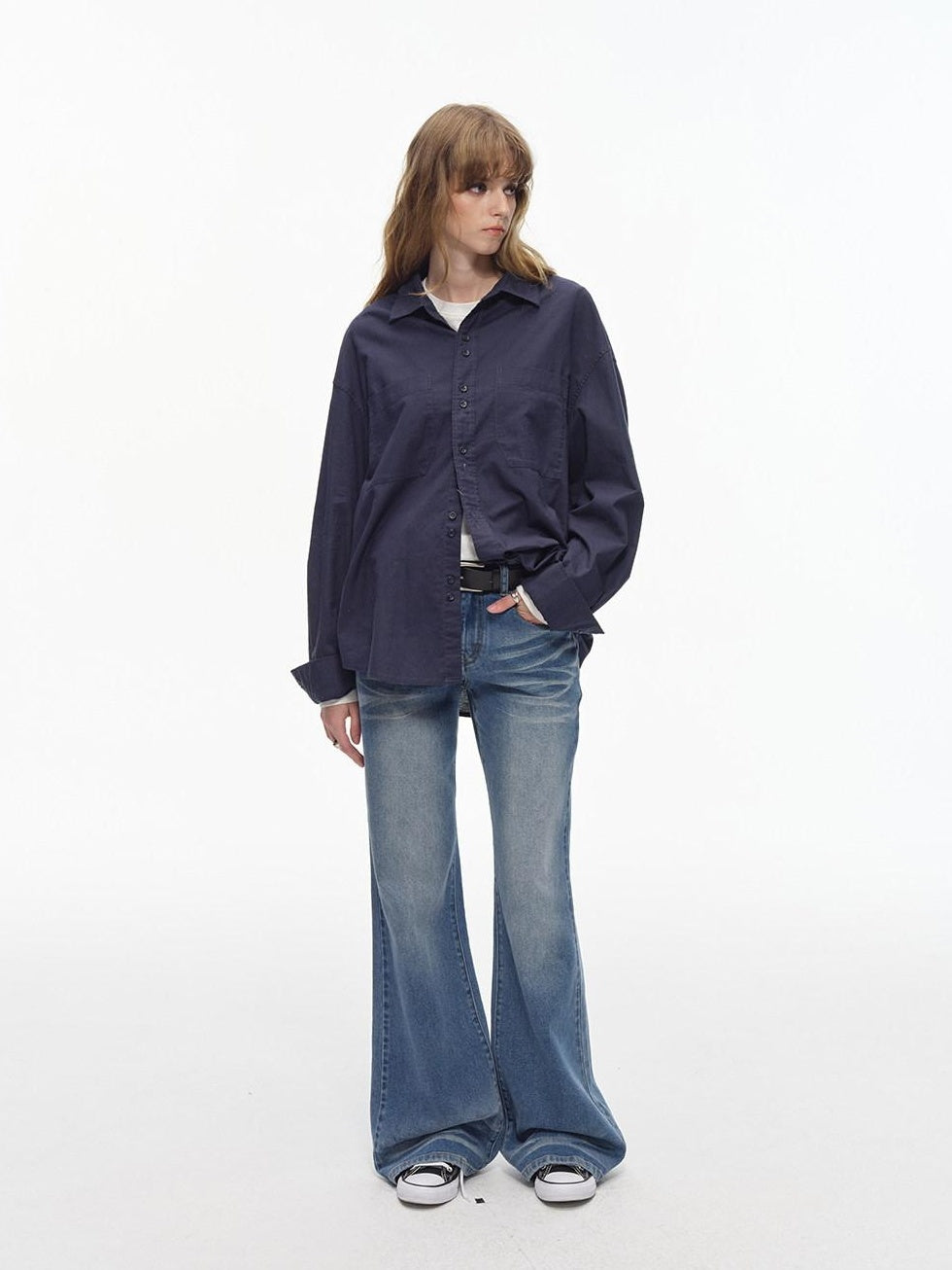 Country Moment Comfortable Low Rise Slim Fit Gradient Zipper Fly Washed Blue Flared Jeans