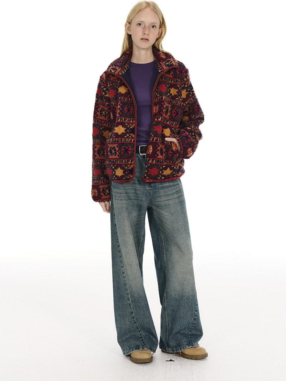 Country Moment Jacquard Thick Cooling Loose Ethnic Stand Collar Retro Red Zip Cropped Jackets