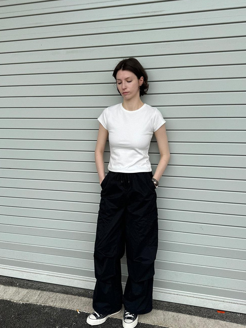 Country Moment Cotton Slim Fit Street Crew Neck Short Sleeve Solid White Teal Basic Crop Tops