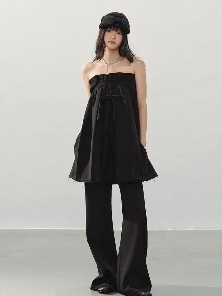 DDGIRL studio Slim Mid Rise Washed Black Micro Flare Zipper Casual Women Straight Pants