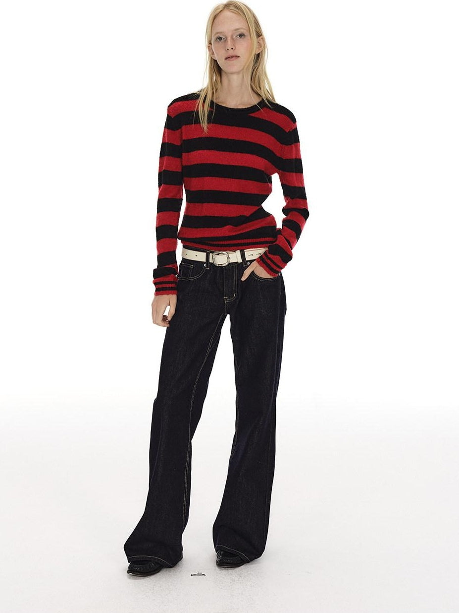 Country Moment Soft Wool Blend Vintage Striped Crewneck Regular Fit Womens Casual Knit Sweaters