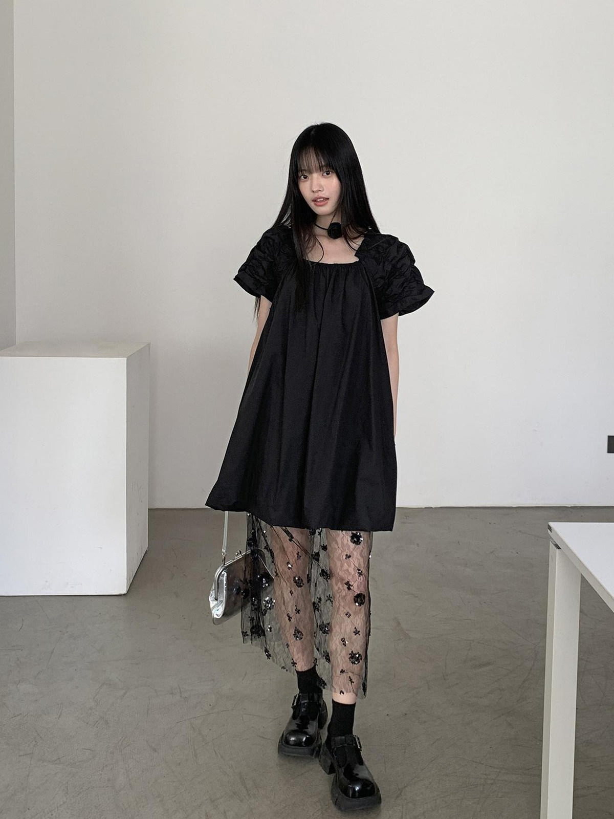 DDGIRL studio 100% Cotton Pullover Bardot Neck A Line Lantern Skirt Workwear Midi Dresses