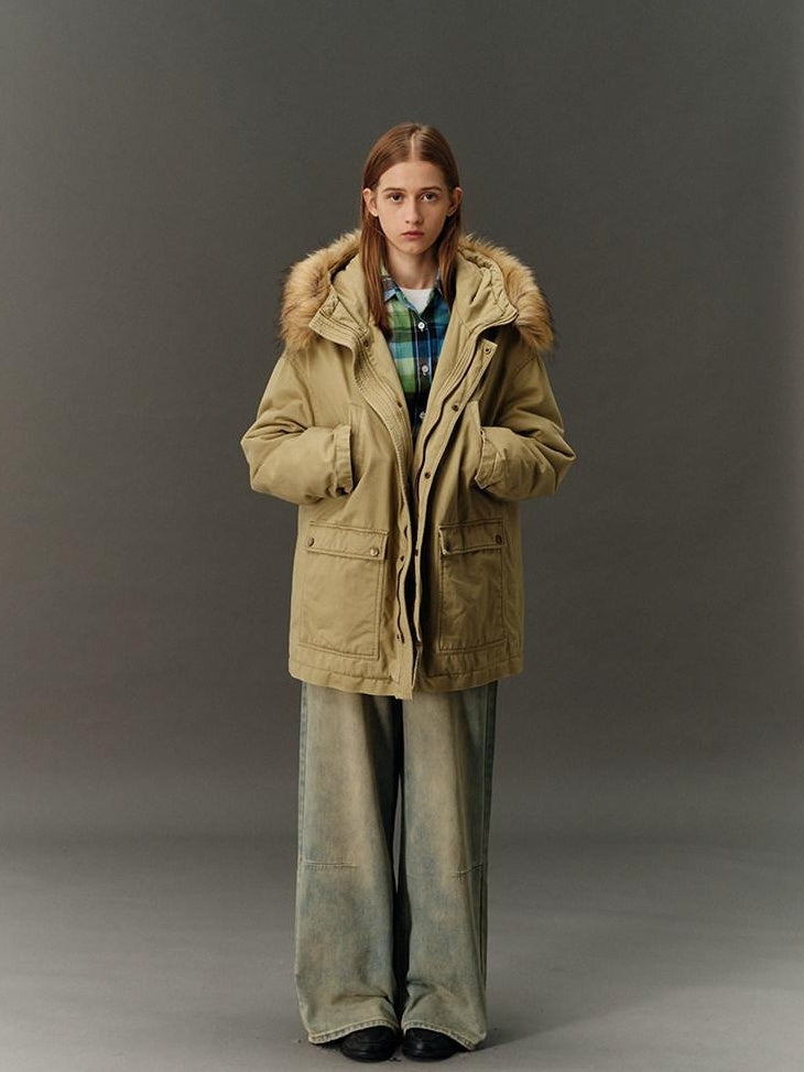 Country Moment Cotton Hooded Straight Fit Mid Length Zipper Street Khaki Green Puffer Jackets